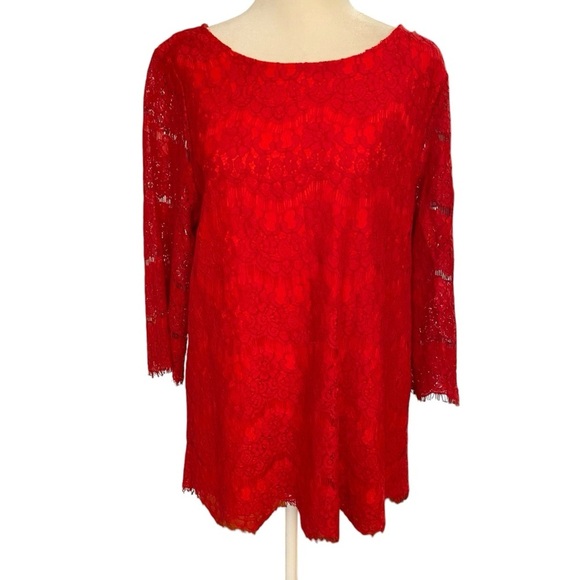 V Cristina Red Lace 3/4 Sleeve Blouse Size L Scoop Neck Lined Oversized Party - Picture 2 of 9